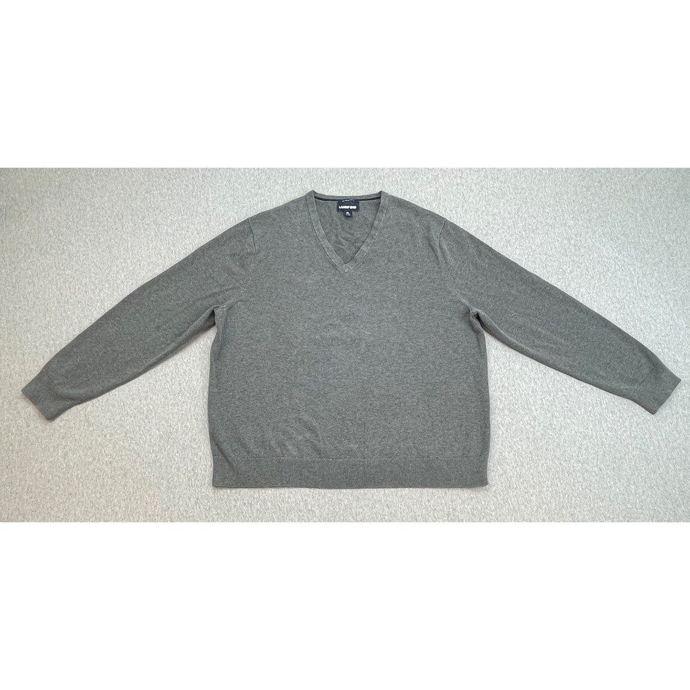 Lands End Sweater XL (46-48) Gray 100% Supima Cotton V-Neck Tight Knit‎